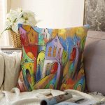 Renkli Sulu Boya Çizimli Gece Kondu Evleri Motifli Dekoratif Raşel Kadife Kırlent Kılıfı Realhomes