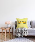 - Sonil-K-565-Gorsel2 - Realhomes  Sarı Zeminde Kirpik Motifli Dekoratif Raşel Kadife Kırlent Kılıfı Realhomes