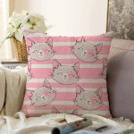 Pembe Çizgi Üzerinde Kedicikler Modern Raşel Kadife Yastık Kırlent Kılıfı Realhomes
