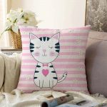 - Sonil-K-5675-Gorsel1 - Realhomes  So Sweet Pembe Çizgili Sevimli Kedi Modern Raşel Kadife Yastık Kırlent Kılıfı Realhomes