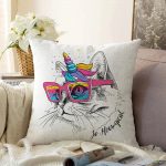 Renkli Gözlüklü Siyah Beyaz Kedi Dijital Baskılı Modern Raşel Kadife Yastık Kırlent Kılıfı Realhomes