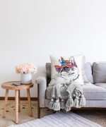 Renkli Gözlüklü Siyah Beyaz Kedi Dijital Baskılı Modern Raşel Kadife Yastık Kırlent Kılıfı Realhomes