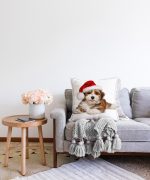 Yılbaşı Şapkalı Köpek Desenli Dijital Baskılı Modern Raşel Kadife Yastık Kırlent Kılıfı Realhomes