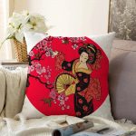 Çiçek Desenli Yelpazeli Japon Kız Motifli Modern Raşel Kadife Yastık Kılıfı Realhomes