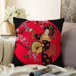 Çiçek Desenli Yelpazeli Japon Kız Motifli Modern Raşel Kadife Kırlent Kılıfı Realhomes