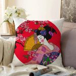 Çiçek Desenli Yelpazeli Japon Kız Motifli Modern Raşel Kadife Yastık Kılıfı Realhomes