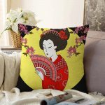 Çiçek Desenli Yelpazeli Japon Kız Motifli Modern Raşel Kadife Yastık Kılıfı Realhomes