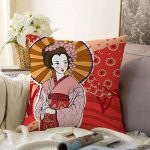 Kahverengi Şemsiyeli Japon Bayan Motifli Dijital Baskılı Raşel Kadife Kırlent Kılıfı Realhomes