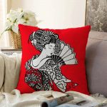 - Sonil-K-5804-Gorsel1 - Realhomes  Kırmızı Zeminde Gri Japon Kız Motifli Raşel Kadife Yastık Kılıfı Realhomes