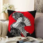 Siyah ve Kırmızı Zeminde Gri Japon Kız Motifli Raşel Kadife Yastık Kılıfı Realhomes
