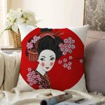 Beyaz ve Kırmızı Zeminde Papatya Tasarımlı Japon Kız Modern Raşel Kadife Kırlent Kılıfı Realhomes