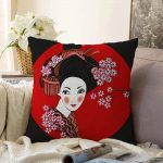 - Sonil-K-5808-Gorsel1 - Realhomes Siyah ve Kırmızı Zeminde Papatya Tasarımlı Japon Kız Modern Raşel Kadife Yastık Kılıfı Realhomes