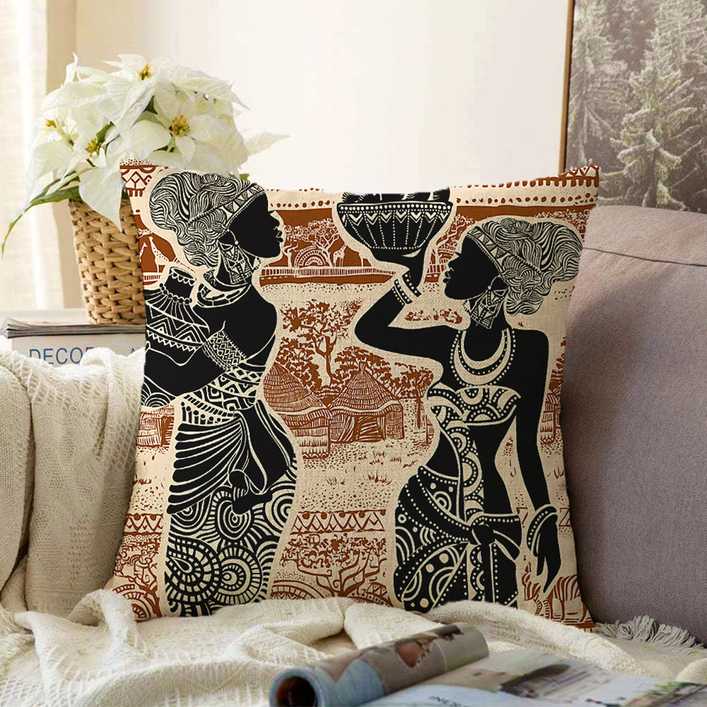 Çift Taraflı Etnik Desen Zeminli Afrika Kadın Motifli Dekoratif Şönil Yastık Kılıfı - 55 x 55 cm Realhomes