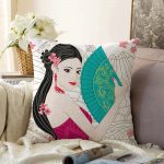 Mavi Yelpazeli Çizgi Motifli Kadın Motifli Dekoratif Raşel Kadife Yastık Kılıfı Realhomes