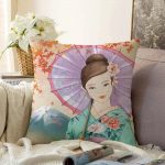 Şemsiyeli Japon Kız Motifli Dekoratif Raşel Kadife Kırlent Kılıfı Realhomes
