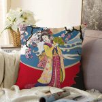 Yelpazeli Japon Kadın Motifli Dekoratif Raşel Kadife Yastık Kılıfı Realhomes