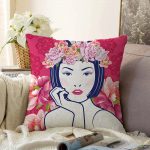 Çiçek Taçlı Japon Kadın Figürlü Dekoratif Raşel Kadife Kırlent Kılıfı Realhomes