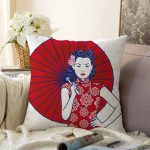 Sırtında Kırmızı Şemsiyeli Japon Kadın Motifli Raşel Kadife Kırlent Kılıfı Realhomes