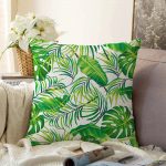 Beyaz Zeminde Yeşil Yapraklar Tasarımlı Modern Raşel Kadife Yastık Kırlent Kılıfı Realhomes