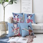 - Sonil-K4luset130-Gorsel1 - Realhomes  Çift Taraflı Mavi Zemin Üzerimde Japon Kız Motifli 4'Lü Şönil Kırlent Kılıf Seti Realhomes