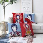Çift Taraflı Kırmızı Ve Mavi Japon Kız Tasarımlı Dekoratif 4'Lü Şönil Kırlent Kılıf Seti Realhomes