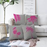 Gri Zeminde Fuşya Ağaç Motifli Dekoratif Dijital Baskılı 4'Lü Çift Taraflı Şönil Kırlent Kılıf Seti Realhomes