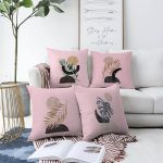 - Sonil-K4luset74-Gorsel1 - Realhomes  Pembe Zeminli Gümüş Ve Gold Yaprak Tasarımlı Modern 4'lü Çift Taraflı Şönil Yastık Kırlent Kılıf Seti Realhomes