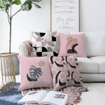 - Sonil-K4luset83-Gorsel1 - Realhomes  Pembe Zemin Üzerinde Soyut Çizim Tasarımlı Modern 4'lü Çift Taraflı Şönil Yastık Kırlent Kılıf Seti Realhomes