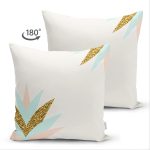 Çift Taraflı Açık Krem Zeminli Pembe Mavi Gold Yapraklar Dijital Baskılı Modern Süet Yastık Kılıfı Realhomes
