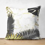 Çift Taraflı Mermer Zeminli Gold Ve Siyah Yapraklar Dijital Baskılı Modern Süet Kırlent Kılıfı Realhomes