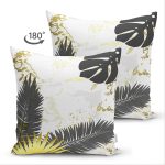 Çift Taraflı Mermer Zeminli Gold Ve Siyah Yapraklar Dijital Baskılı Modern Süet Kırlent Kılıfı Realhomes