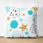 Çift Taraflı Beyaz Zeminde Mavi Puan Gold Yıldızlı Dijital Baskılı Modern Süet Yastık Kırlent Kılıfı Realhomes