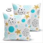 Çift Taraflı Beyaz Zeminde Mavi Puan Gold Yıldızlı Dijital Baskılı Modern Süet Yastık Kırlent Kılıfı Realhomes