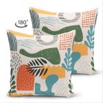 Çift Taraflı Ekru Zeminde Sanatsal Motifler Dijital Baskılı Modern Süet Yastık Kırlent Kılıfı Realhomes