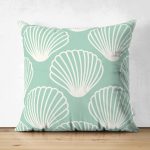 Çift Taraflı Yeşil Zeminde Deniz Kabuğu Desenli Dijital Baskılı Modern Süet Yastık Kırlent Kılıfı Realhomes