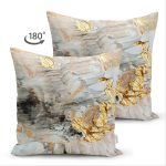 Çift Taraflı Gold Detaylı Soyut Çizimli Dijital Baskılı Modern Süet Yastık Kırlent Kılıfı Realhomes