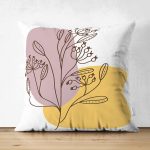 Çift Taraflı Sarı Pubra Renkli İnce Dal Motifli Dijital Baskılı Modern Süet Yastık Kırlent Kılıfı Realhomes