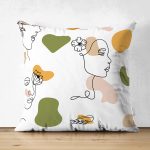 Çift Taraflı Beyaz Zemınde Bayan Desenli Dijital Baskılı Modern Süet Yastık Kırlent Kılıfı Realhomes