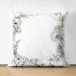 Çift Taraflı Beyaz Zeminde Gul Desenli Gold Detaylı Dijital Baskılı Modern Süet Kırlent Kılıfı Realhomes