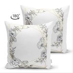 Çift Taraflı Beyaz Zeminde Gul Desenli Gold Detaylı Dijital Baskılı Modern Süet Kırlent Kılıfı Realhomes