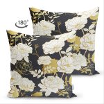 Çift Taraflı Sıyah Zeminli Gold Detaylı Gul Yaprakları Süet Yastık Kırlent Kılıfı Realhomes