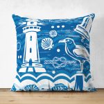 Çift Taraflı Mavi Beyaz Zeminli Yelken Desenli Dijital Baskılı Modern Süet Yastık Kırlent Kılıfı Realhomes