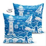 Çift Taraflı Mavi Beyaz Zeminli Yelken Desenli Dijital Baskılı Modern Süet Yastık Kırlent Kılıfı Realhomes