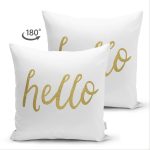 Çift Taraflı Beyaz Zeminde Gold Hello Yazılı Dijital Baskılı Modern Süet Yastık Kırlent Kılıfı Realhomes