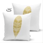 Çift Taraflı Beyaz Zeminde Gold Kuş Tüyü Desenli Dijital Baskılı Modern Süet Yastık Kırlent Kılıfı Realhomes