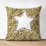 - Suet-K-7130-Gorsel1 - Realhomes Çift Taraflı Gold Zeminli Beyaz Yıldız Desenli Dijital Baskılı Modern Süet Yastık Kırlent Kılıfı Realhomes