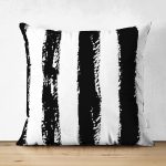 Çift Taraflı Beyaz Zeminli Siyah Renkli Çizgi Dijital Baskılı Modern Süet Yastık Kırlent Kılıfı Realhomes
