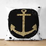 Çift Taraflı Siyah Zeminli Gold Çapa Desenli Dijital Baskılı Modern Süet Yastık Kırlent Kılıfı Realhomes