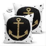 Çift Taraflı Siyah Zeminli Gold Çapa Desenli Dijital Baskılı Modern Süet Yastık Kırlent Kılıfı Realhomes