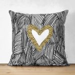 Çift Taraflı Siyah Onedraw Çizimli Gold Renkli Kalp Desenli Modern Süet Yastık Kırlent Kılıfı Realhomes